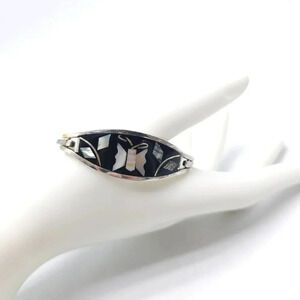 Alpaca Mother of Pearl Butterfly Hinged Cuff Bangle Bracelet Silver Tone VTG